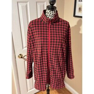 Lands' End Full Zip Fleece Jacket Womens Small Red Black Buffalo Plaid Polyester